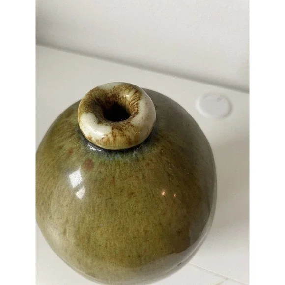 Signed Abique Earthenware Green Tall Heavy Vase Hand Made Signed